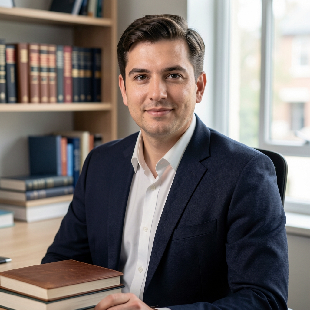 Editorial portrait photograph of a workspace in a London office with natural light, a tidy desk, a leather notebook, and reference books neatly stacked on a shelf
