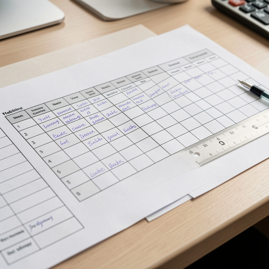 Close-up of structured habit-tracking worksheets spread on a light desk — printed grids, handwritten notes, and a ruler marking weekly intervals
