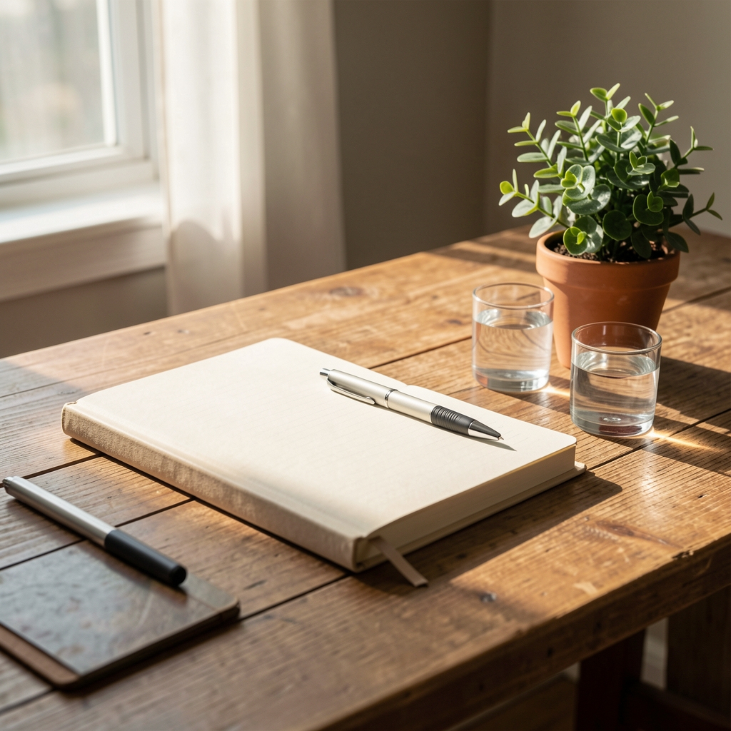 Morning light falling across a wooden desk with a journal, a glass of water, and a small potted plant — the starting point of a new daily routine