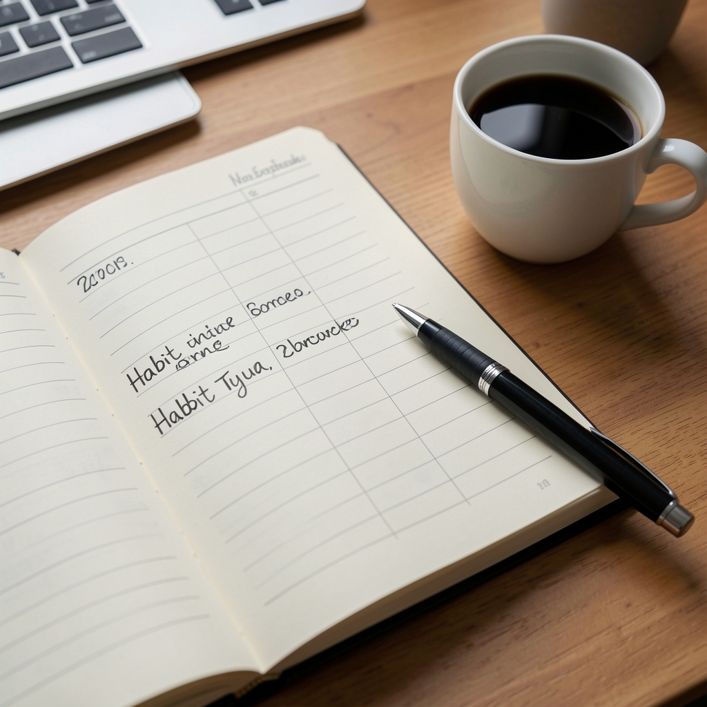 Close-up of a hand-written habit tracker journal open on a desk, pen resting on the page beside a cup of black coffee