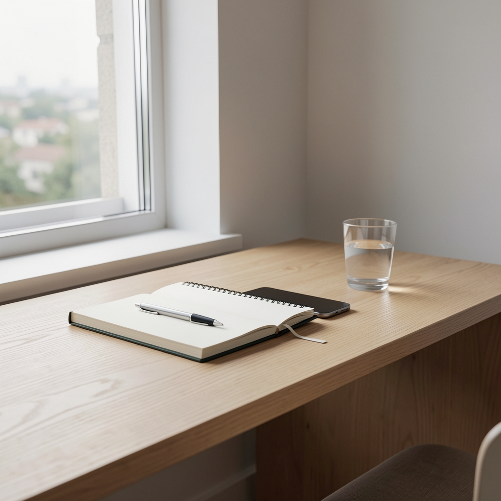 Wide-angle view of a minimalist home workspace with a notebook, phone face-down, and a clear glass of water on a light timber desk beside a window