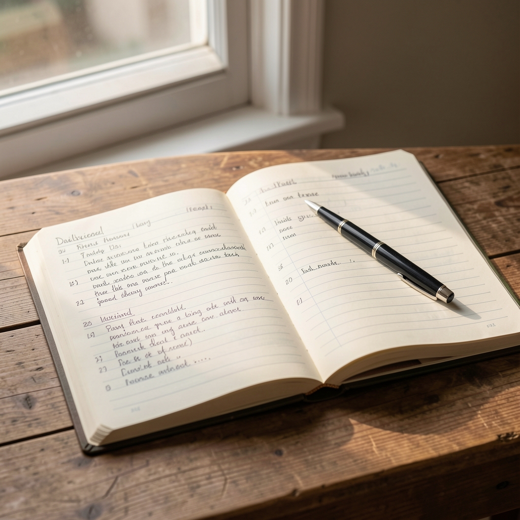 Open journal on a wooden table with handwritten daily log entries, a pen resting on the page, soft morning light from a nearby window