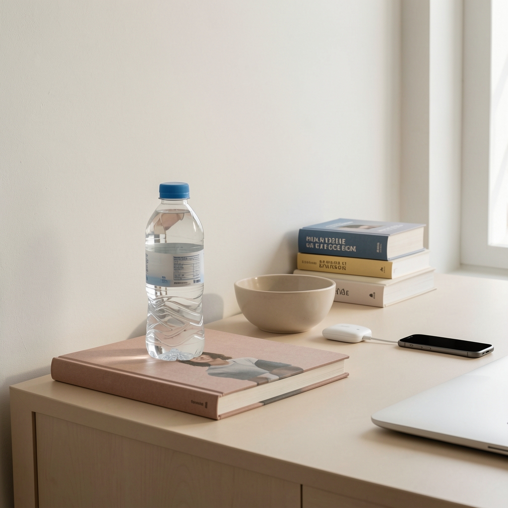 Minimalist home environment with rearranged surfaces — a water bottle in place of a snack bowl, a book beside a phone charging station, clear workspace lighting