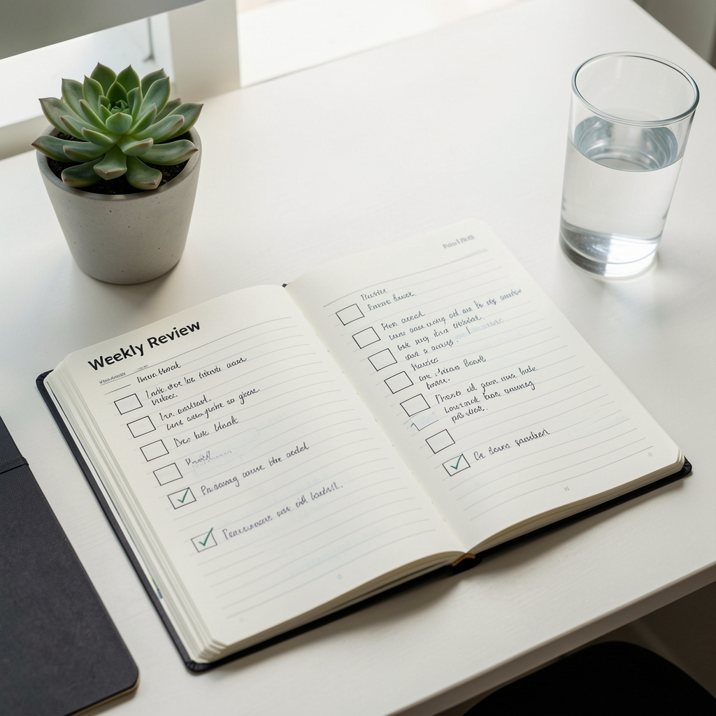 Weekly review spread in a habit journal with tick-boxes and handwritten notes, on a clean desk beside a small potted succulent and a glass of water