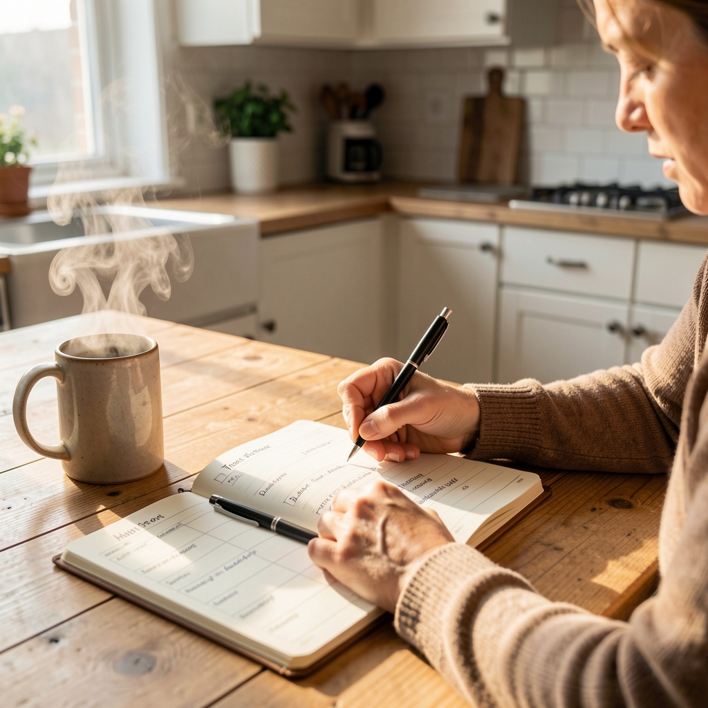 Person writing in a habit-tracking journal at a kitchen table in morning light, a steaming mug beside an open notebook with structured entries