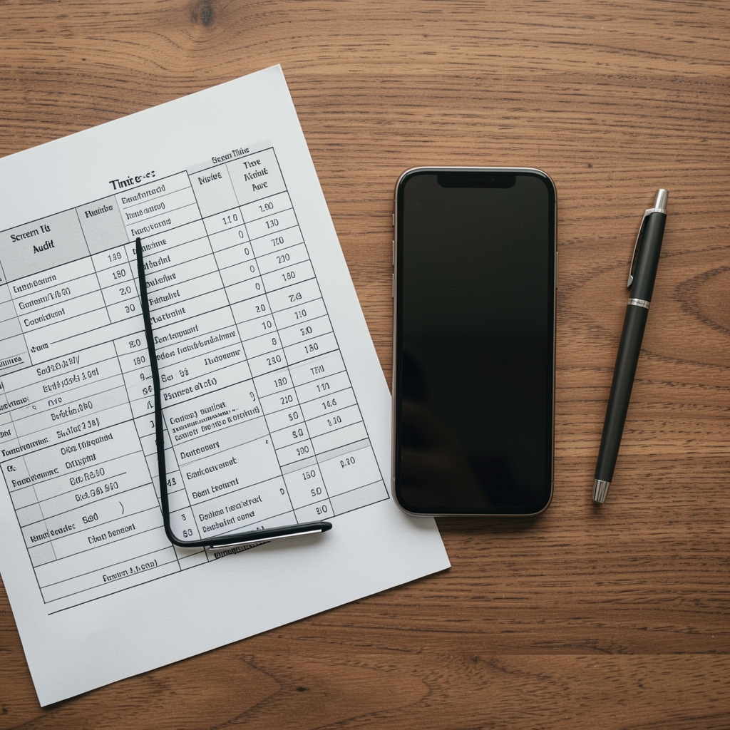Overhead view of a phone placed face-down on a wooden surface next to a printed screen time audit sheet and a pen