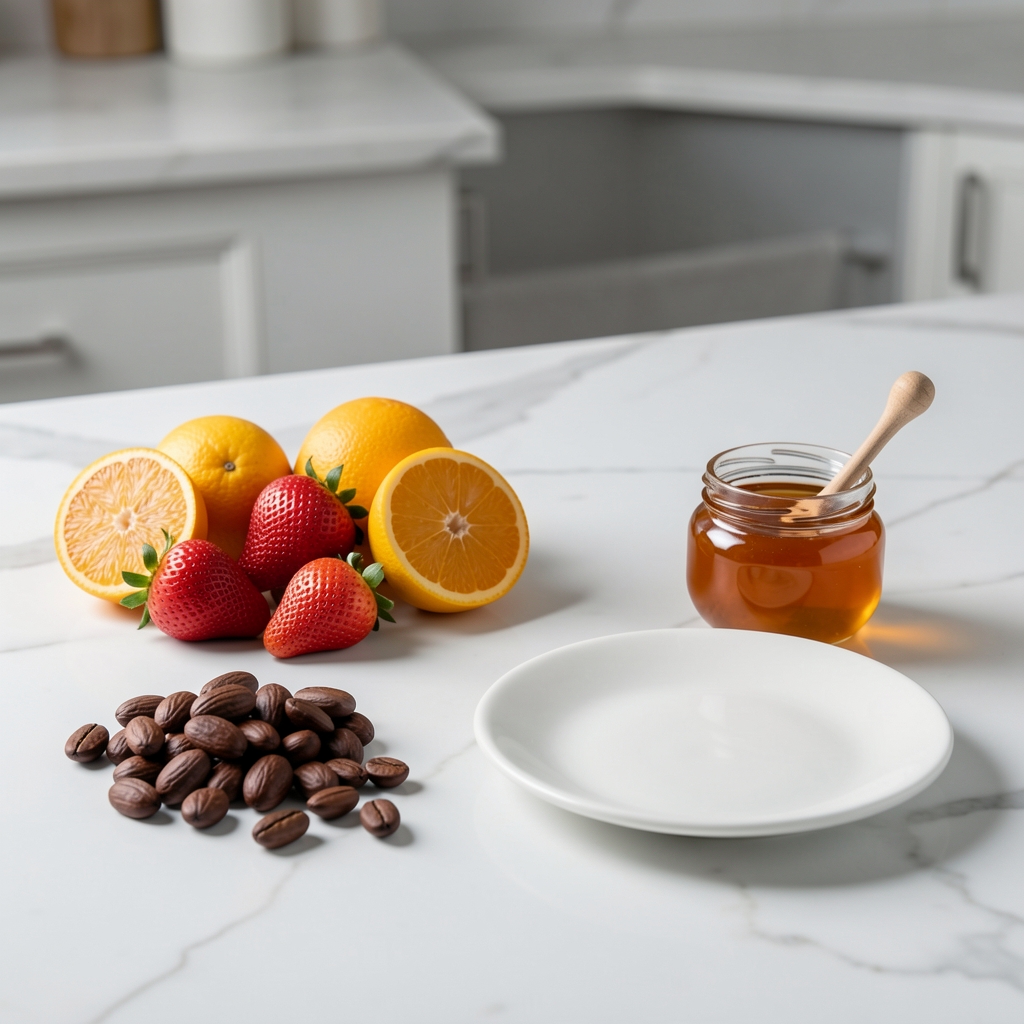 Sugar alternatives arranged on a white marble counter — fresh fruit, dark nuts, and a small pot of honey beside an empty dessert plate