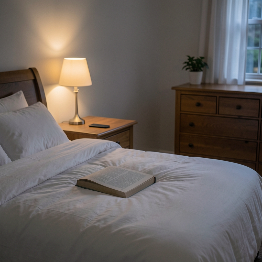 A calm evening bedroom scene with a dim lamp, a book on a white duvet, and a phone left across the room on a dresser — an evening wind-down environment