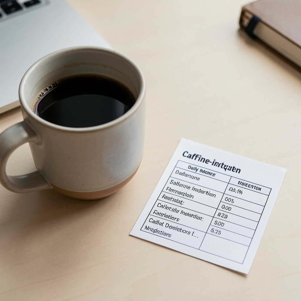 Close-up of a ceramic cup of black coffee next to a small printed caffeine-intake log on a light desk — daily moderation tracking in progress