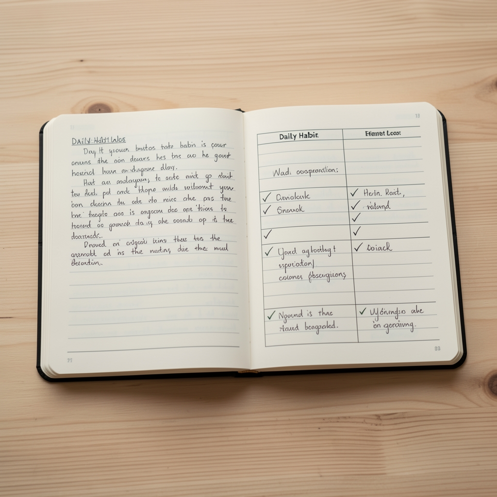 Open journal on a light wooden surface showing written notes and a simple two-column daily habit log with ticks and brief observations