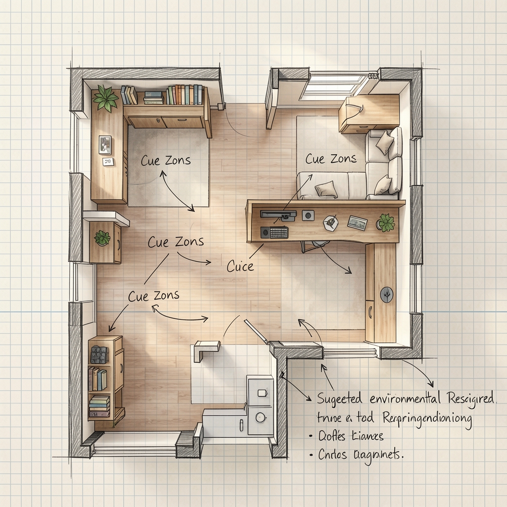 Annotated floor-plan sketch of a home office space with marked cue zones and suggested environmental redesign notes in pencil on graph paper